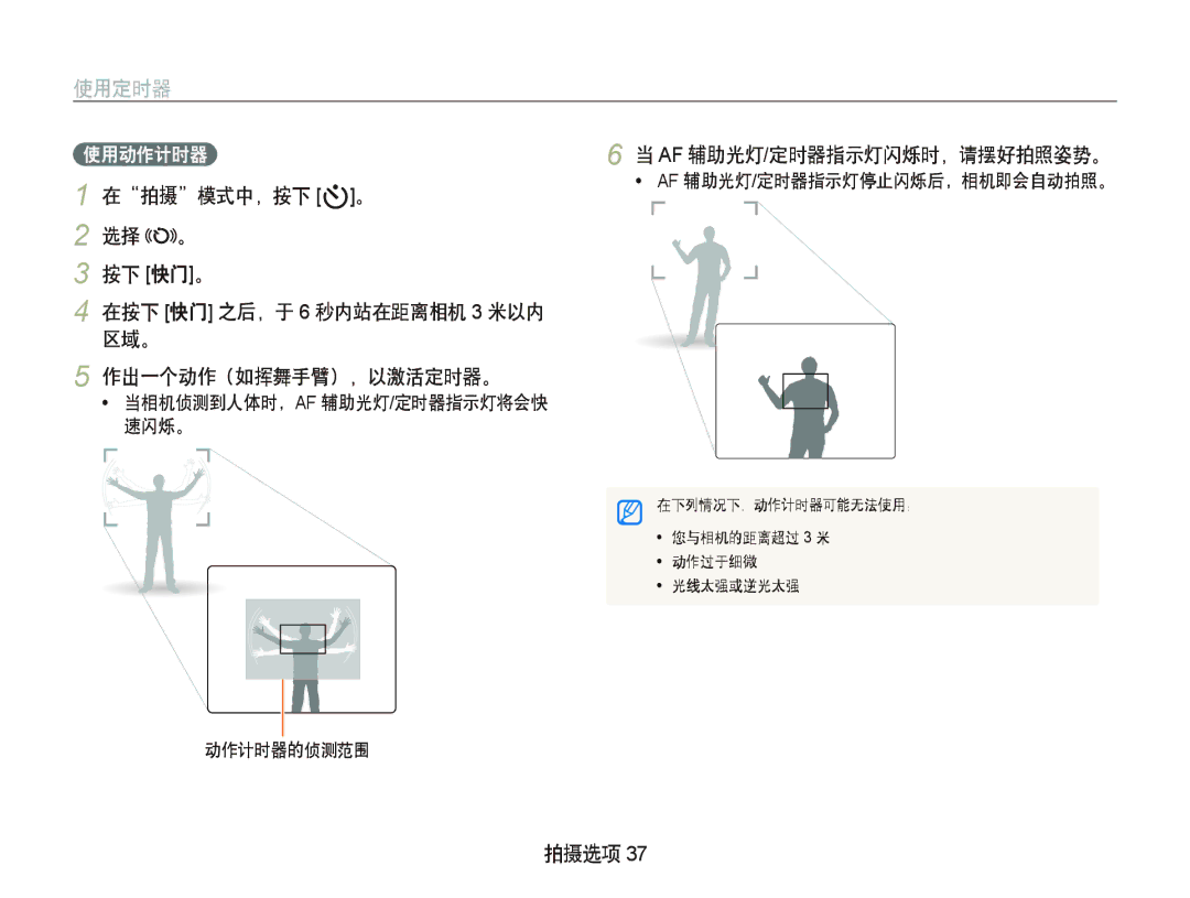 Samsung EC-IT100UBP/E3, EC-IT100BBP/IT manual 使用定时器, 拍摄 模式中，按下 t。, 选择 。 按下 快门 。, 区域。 作出一个动作（如挥舞手臂），以激活定时器。, 动作计时器的侦测范围 