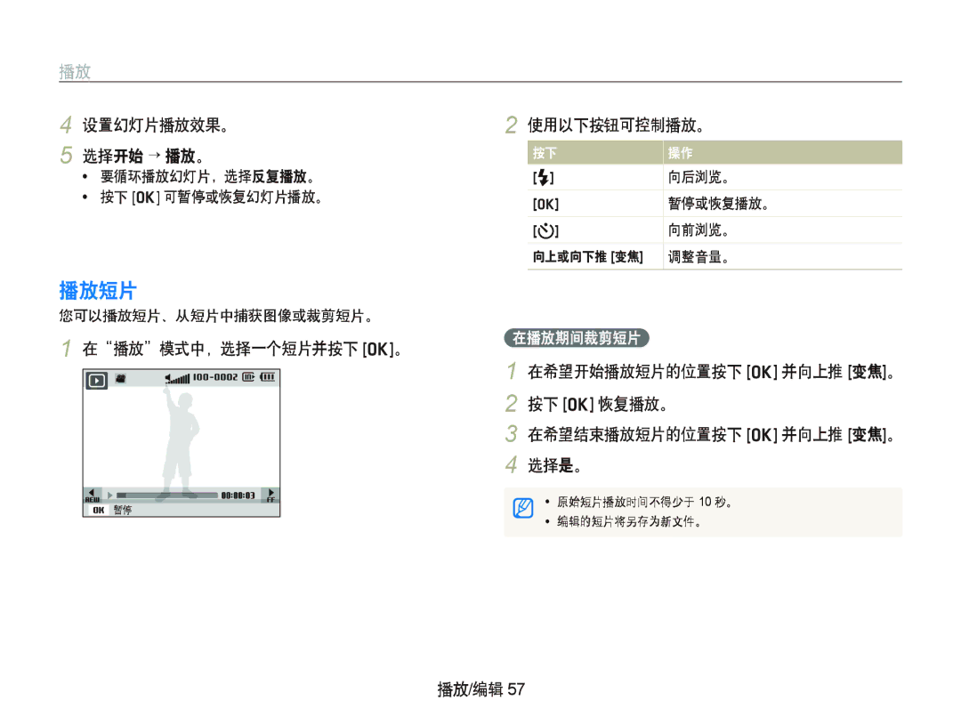 Samsung EC-IT100BBP/E3, EC-IT100BBP/IT manual 播放短片, 设置幻灯片播放效果。 选择开始 ¡¡播放。, 使用以下按钮可控制播放。, 在播放模式中，选择一个短片并按下 o。, 在播放期间裁剪短片 