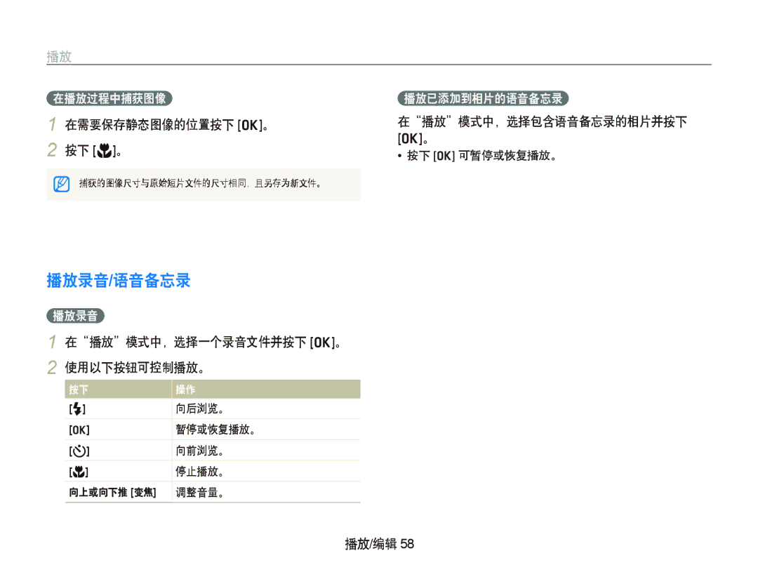 Samsung EC-IT100UBP/E3 播放录音/语音备忘录, 在需要保存静态图像的位置按下 o。 按下 M。, 在播放模式中，选择包含语音备忘录的相片并按下, 在播放模式中，选择一个录音文件并按下 o。 2 使用以下按钮可控制播放。 