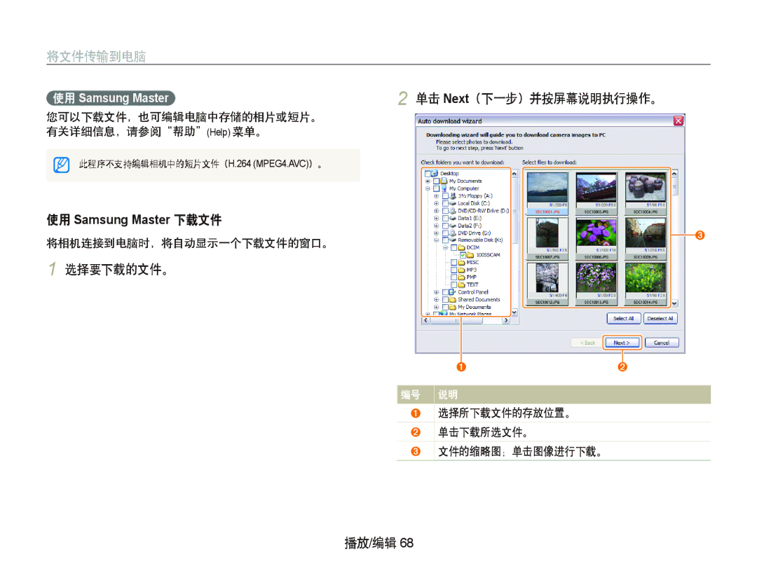 Samsung EC-IT100SBP/E1, EC-IT100BBP/IT 选择要下载的文件。, 您可以下载文件，也可编辑电脑中存储的相片或短片。 有关详细信息，请参阅帮助Help 菜单。, 将相机连接到电脑时，将自动显示一个下载文件的窗口。 