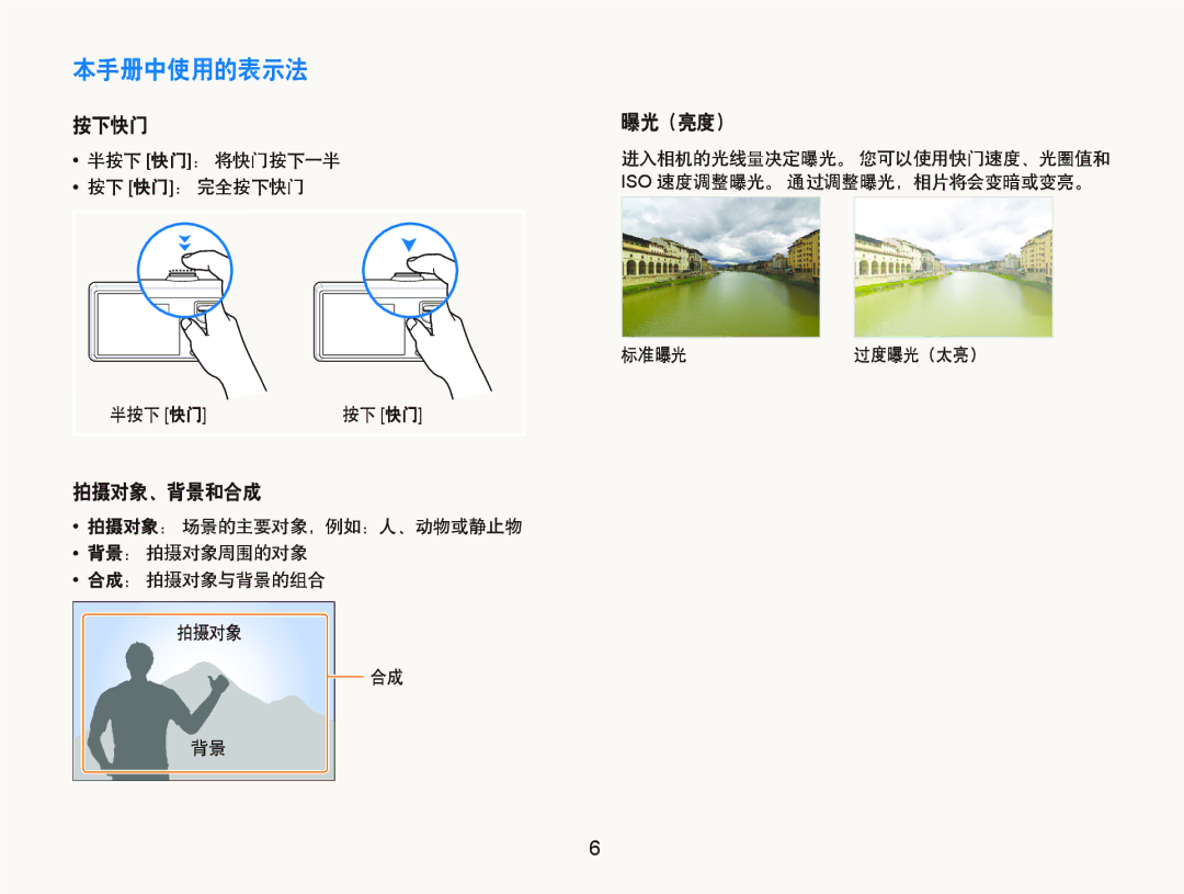 Samsung EC-IT100BBP/IT, EC-IT100BBP/E1, EC-IT100BBP/E3, EC-IT100UBP/E3, EC-IT100SBP/E3 本手册中使用的表示法, 按下快门 曝光（亮度）, 拍摄对象、背景和合成 