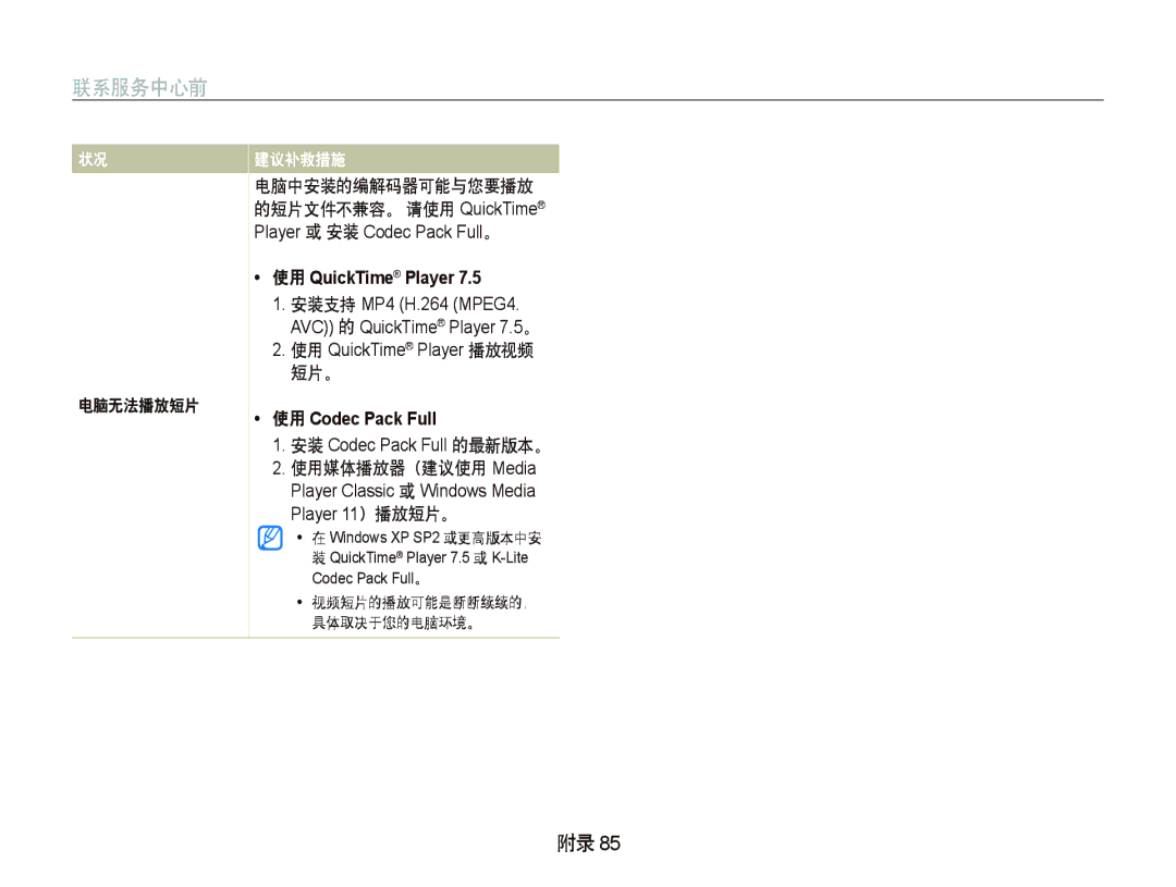 Samsung EC-IT100BBP/E3, EC-IT100BBP/IT, EC-IT100BBP/E1, EC-IT100UBP/E3, EC-IT100SBP/E3 电脑无法播放短片, 使用 QuickTime Player 播放视频 短片。 