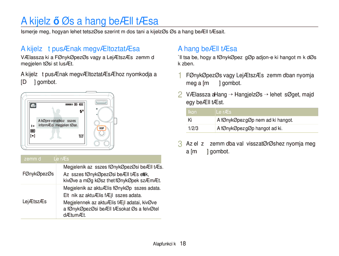 Samsung EC-IT100RBP/E3, EC-IT100BBP/IT Kijelző és a hang beállítása, Kijelző típusának megváltoztatása, Hang beállítása 