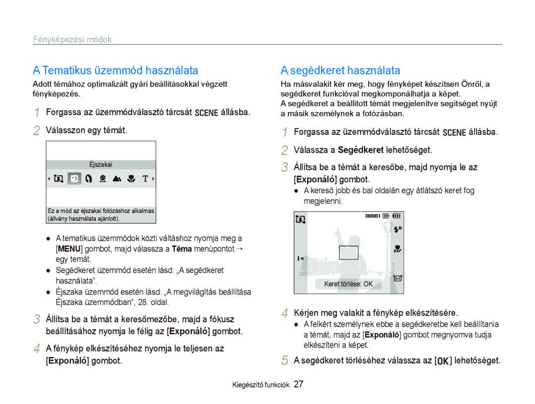 Samsung EC-IT100BBP/IT, EC-IT100BBP/E1 manual Tematikus üzemmód használata, Segédkeret használata, Fényképezési módok 