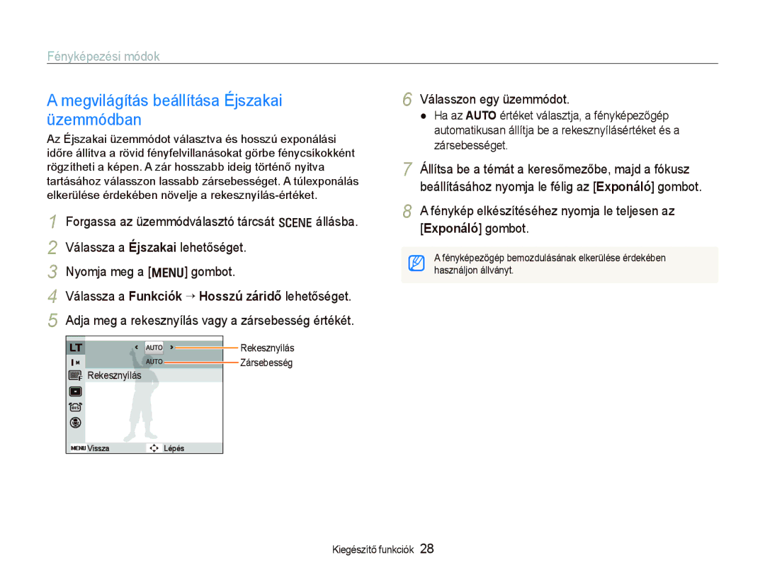 Samsung EC-IT100BBP/E1 Megvilágítás beállítása Éjszakai üzemmódban, Válassza a Éjszakai lehetőséget Nyomja meg a m gombot 