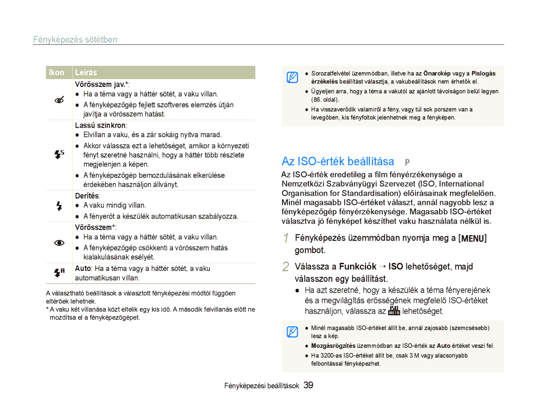 Samsung EC-IT100RBP/E3, EC-IT100BBP/IT, EC-IT100BBP/E1, EC-IT100BBP/E3 manual Az ISO-érték beállítása p, Fényképezés sötétben 