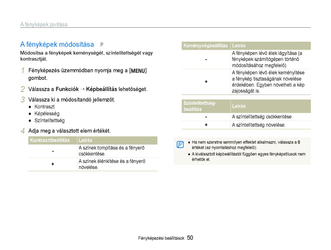 Samsung EC-IT100BBP/E3, EC-IT100BBP/IT manual Fényképek módosítása p, Fényképek javítása, Adja meg a választott elem értékét 