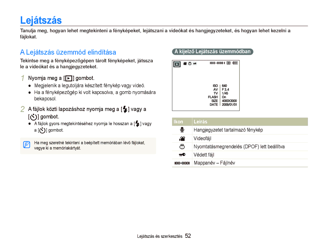 Samsung EC-IT100SBP/E3 manual Lejátszás, Nyomja meg a P gombot, Fájlok közti lapozáshoz nyomja meg a F vagy a t gombot 