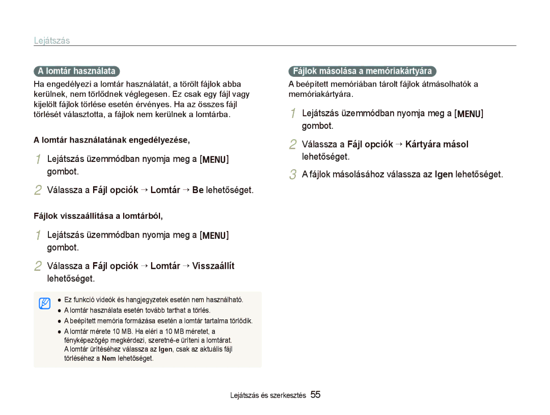 Samsung EC-IT100BBP/IT, EC-IT100BBP/E1 manual Válassza a Fájl opciók ““Kártyára másol lehetőséget, Lomtár használata 