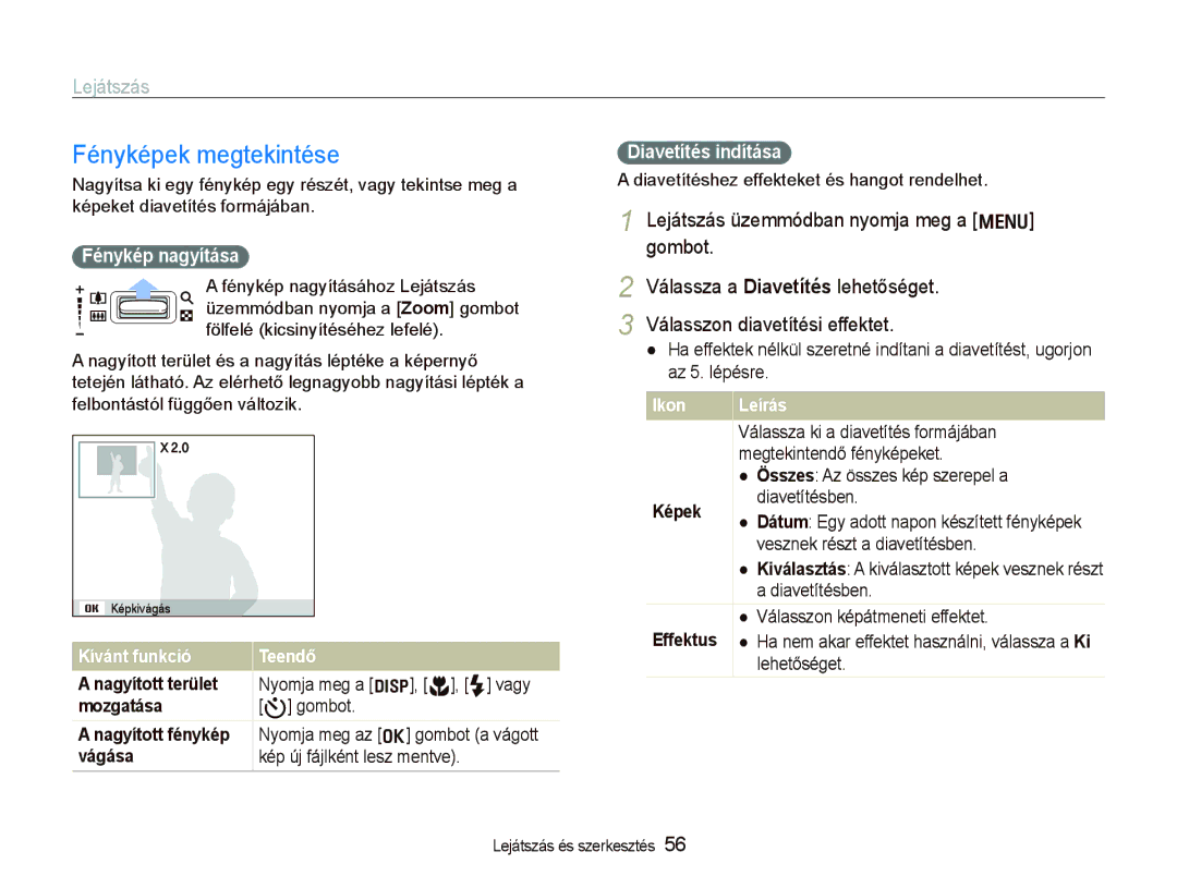 Samsung EC-IT100BBP/E1 manual Fényképek megtekintése, Fénykép nagyítása Diavetítés indítása, Kívánt funkció Teendő, Képek 