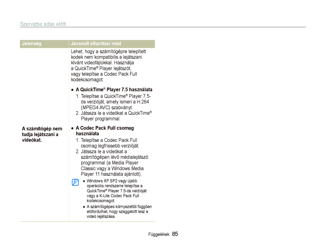 Samsung EC-IT100BBP/E3, EC-IT100BBP/IT manual Jelenség, QuickTime Player 7.5 használata, Codec Pack Full csomag használata 