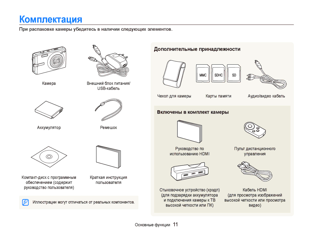 Samsung EC-IT100UBA/RU, EC-IT100BBP/RU manual Комплектация, Дополнительные принадлежности, Включены в комплект камеры 