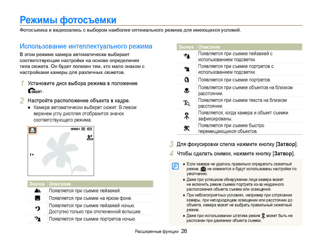 Samsung EC-IT100SBA/RU, EC-IT100BBP/RU, EC-IT100SBP/RU manual Режимы фотосъемки, Использование интеллектуального режима 