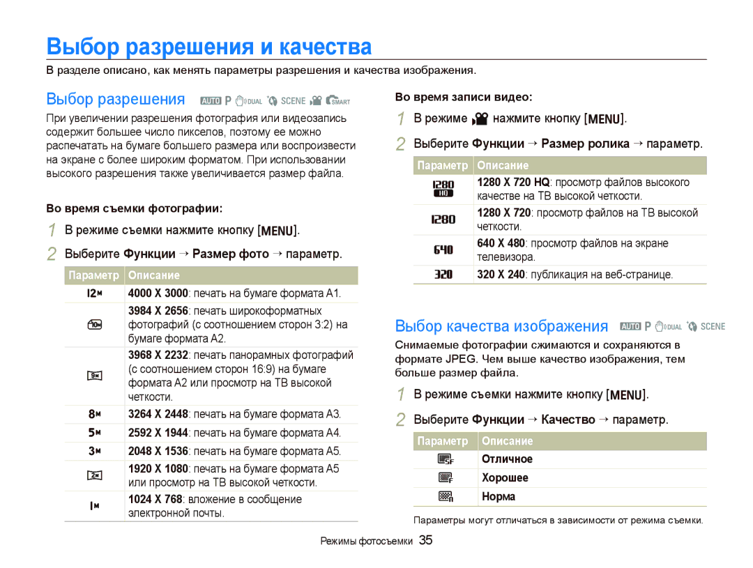 Samsung EC-IT100UBA/RU Выбор разрешения и качества, Выбор разрешения a p d b s v S, Выбор качества изображения a p d b s 