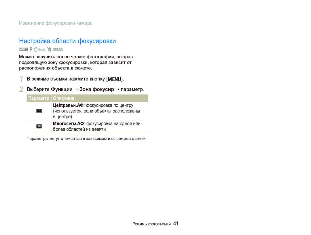 Samsung EC-IT100RBP/RU, EC-IT100BBP/RU, EC-IT100SBP/RU manual Настройка области фокусировки, Изменение фокусировки камеры 