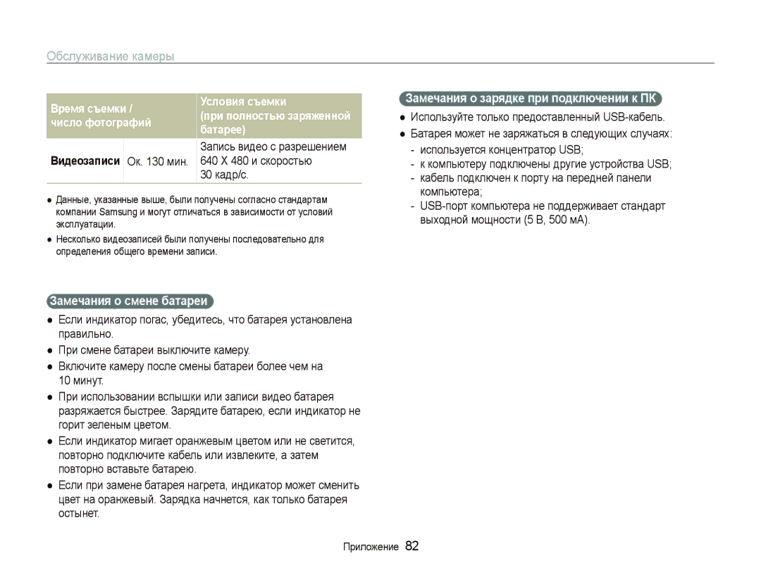 Samsung EC-IT100SBA/RU manual Замечания о зарядке при подключении к ПК, Замечания о смене батареи, Видеозаписи Ок мин 