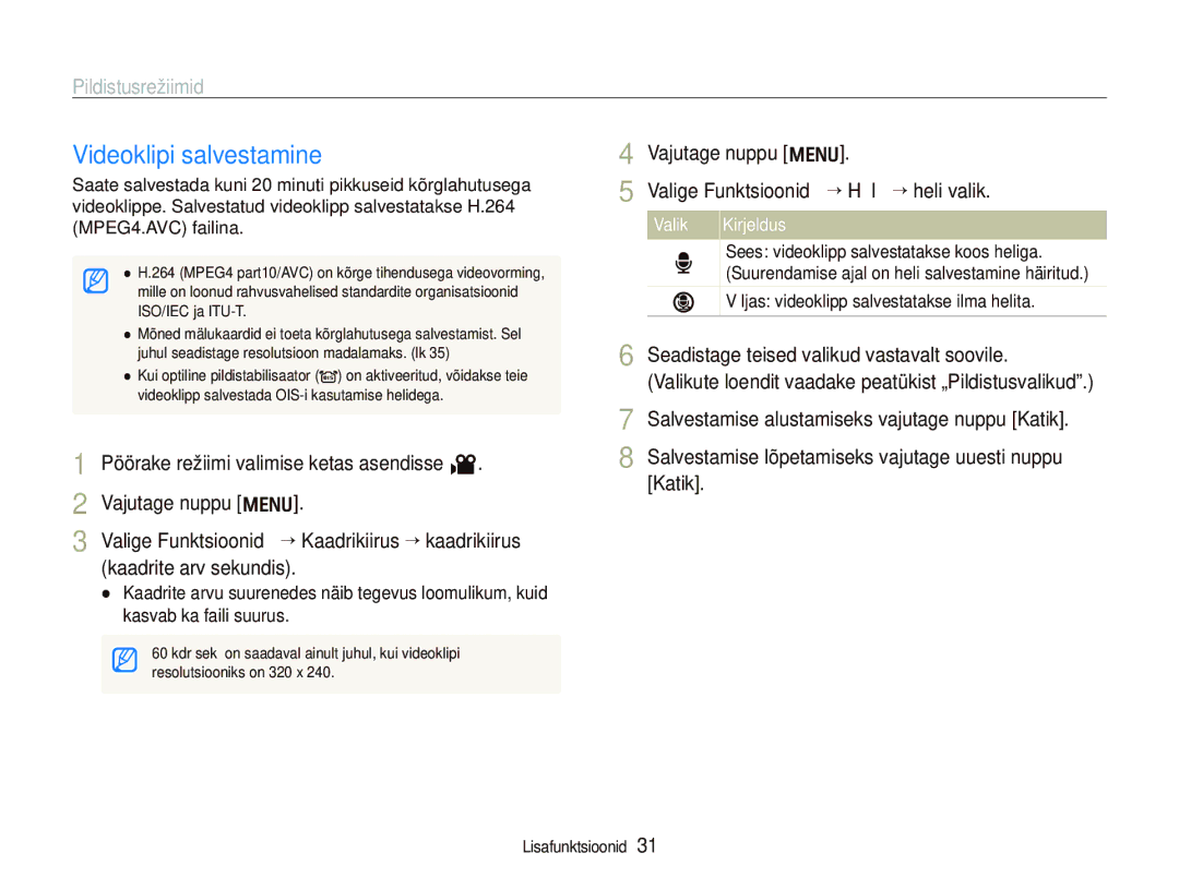 Samsung EC-IT100BBP/RU, EC-IT100SBP/RU Videoklipi salvestamine, Pöörake režiimi valimise ketas asendisse Vajutage nuppu m 