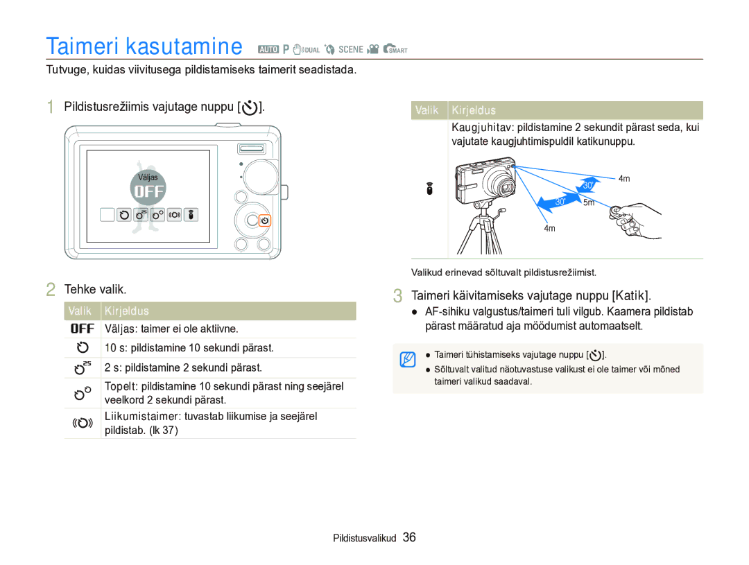 Samsung EC-IT100SBP/RU, EC-IT100BBP/RU manual Taimeri kasutamine a p d b s v S, Pildistusrežiimis vajutage nuppu t 