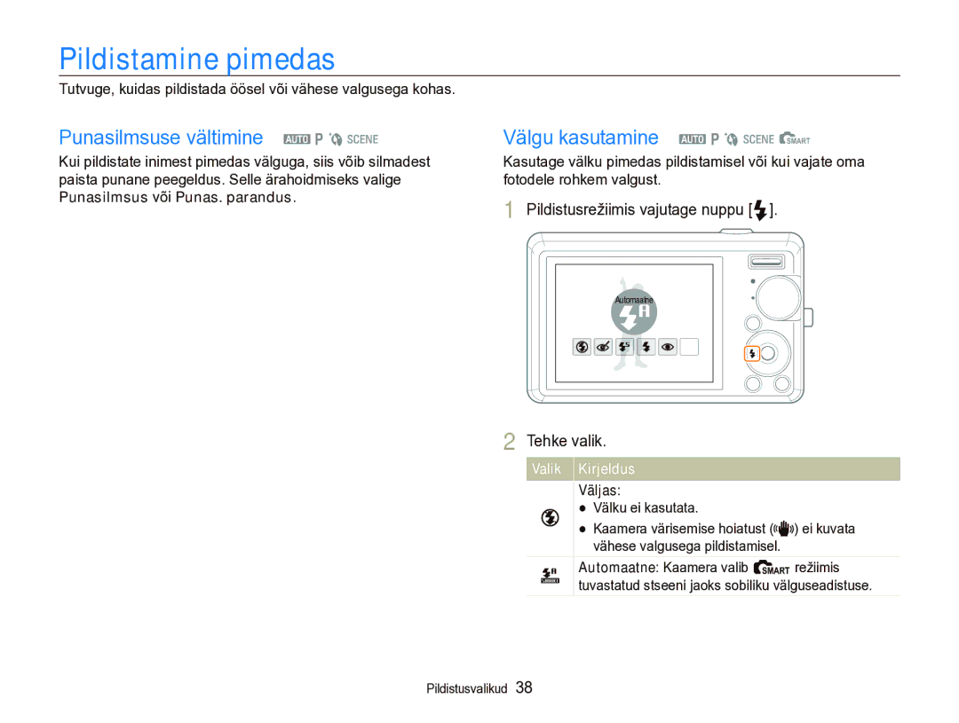 Samsung EC-IT100SBP/RU manual Pildistamine pimedas, Punasilmsuse vältimine a p b s, Välgu kasutamine a p b s S, Väljas 