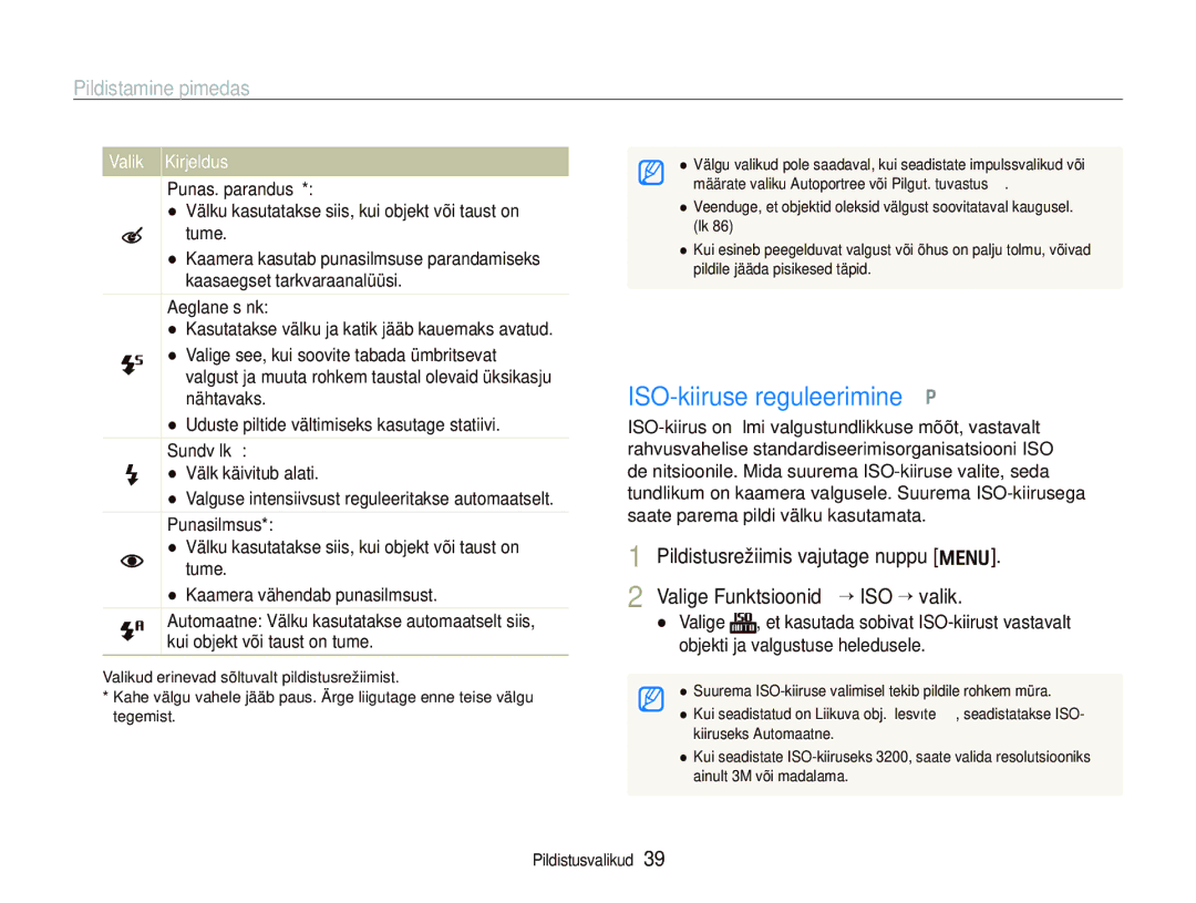 Samsung EC-IT100BBP/RU manual ISO-kiiruse reguleerimine p, Pildistamine pimedas, Valige Funktsioonid “ ISO “ valik 