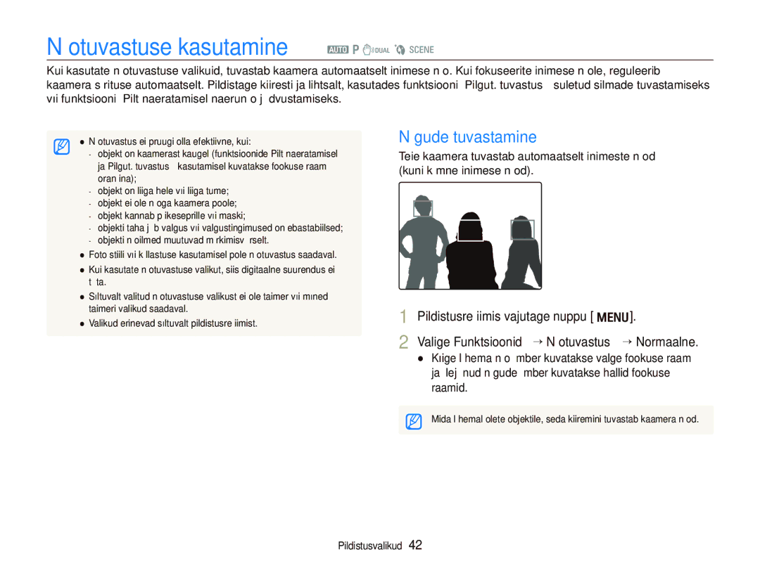 Samsung EC-IT100SBP/RU, EC-IT100BBP/RU manual Näotuvastuse kasutamine a p d b s, Nägude tuvastamine 