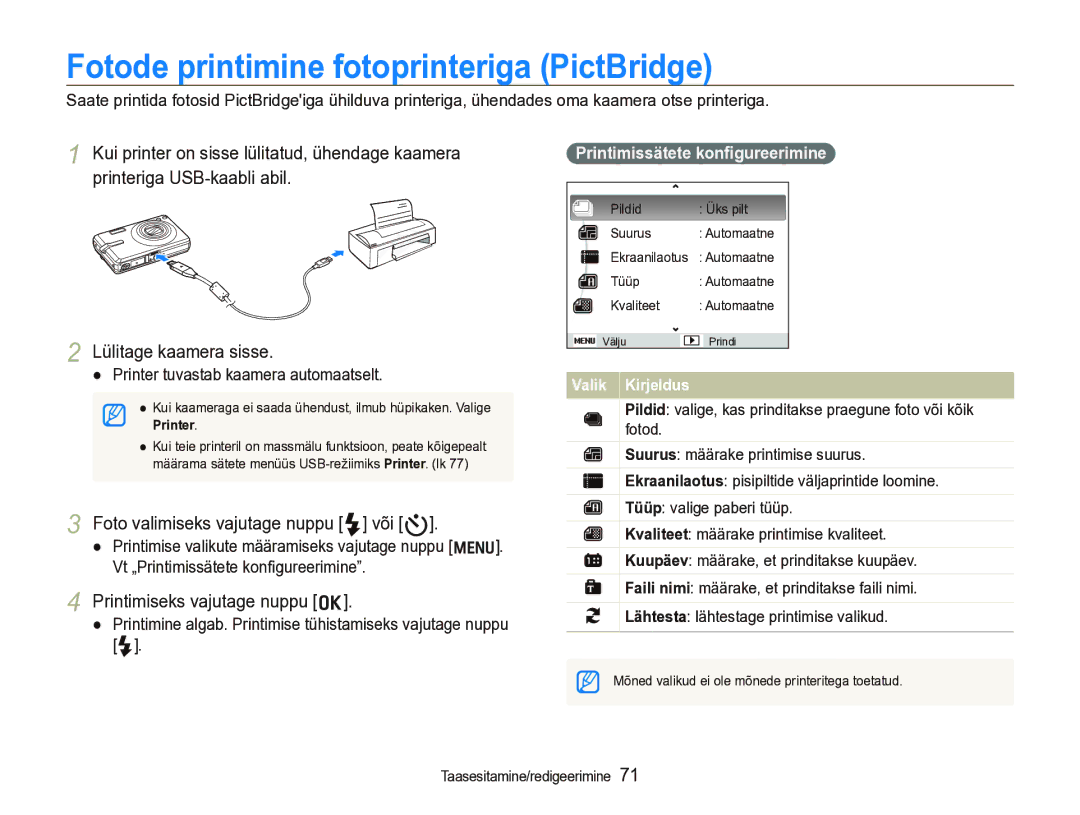 Samsung EC-IT100BBP/RU, EC-IT100SBP/RU Fotode printimine fotoprinteriga PictBridge, Foto valimiseks vajutage nuppu F või t 