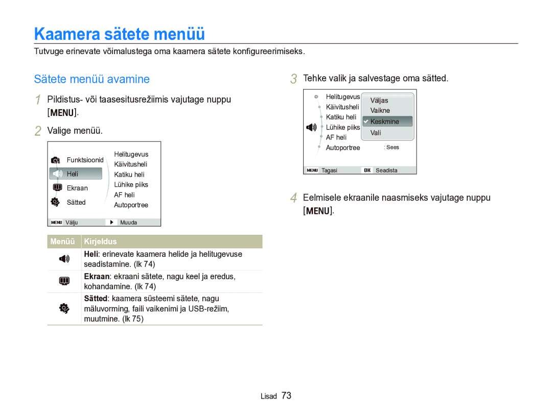 Samsung EC-IT100BBP/RU Kaamera sätete menüü, Sätete menüü avamine, Tehke valik ja salvestage oma sätted, Menüü Kirjeldus 