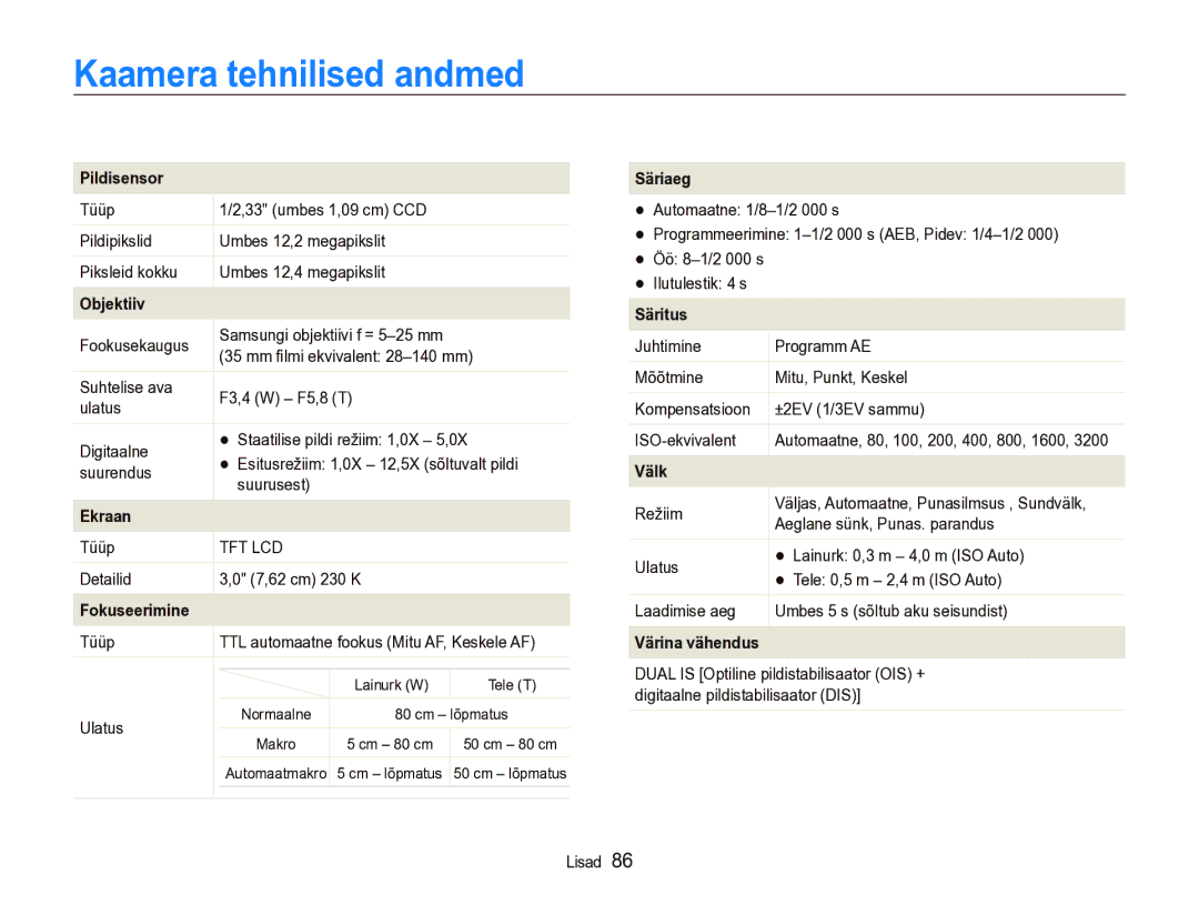 Samsung EC-IT100SBP/RU, EC-IT100BBP/RU manual Kaamera tehnilised andmed 