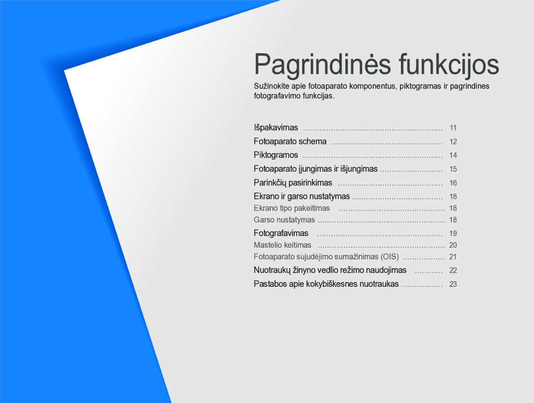 Samsung EC-IT100SBP/RU, EC-IT100BBP/RU manual Pagrindinės funkcijos, Fotoaparato schema ………………………………………… 