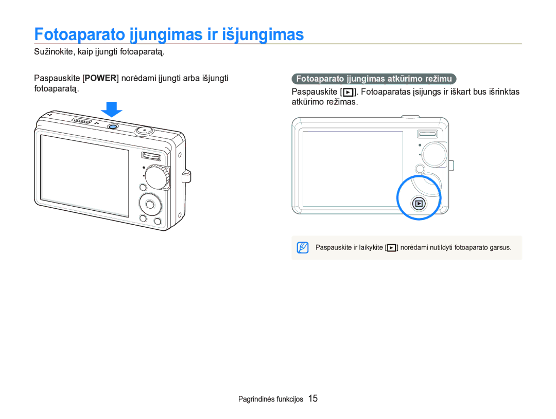 Samsung EC-IT100BBP/RU, EC-IT100SBP/RU manual Fotoaparato įjungimas ir išjungimas, Fotoaparato įjungimas atkūrimo režimu 