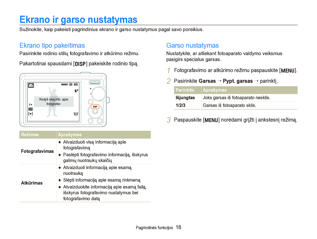 Samsung EC-IT100SBP/RU, EC-IT100BBP/RU manual Ekrano ir garso nustatymas, Ekrano tipo pakeitimas, Garso nustatymas 