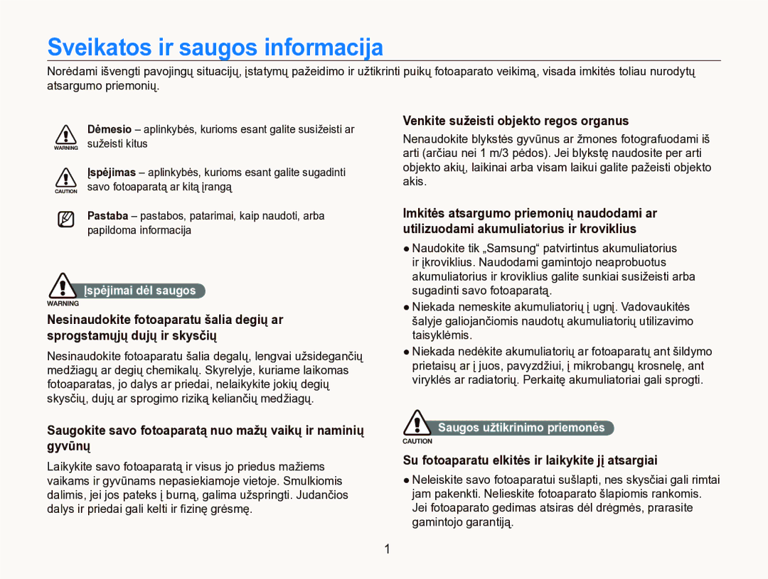 Samsung EC-IT100BBP/RU, EC-IT100SBP/RU manual Sveikatos ir saugos informacija, Venkite sužeisti objekto regos organus 