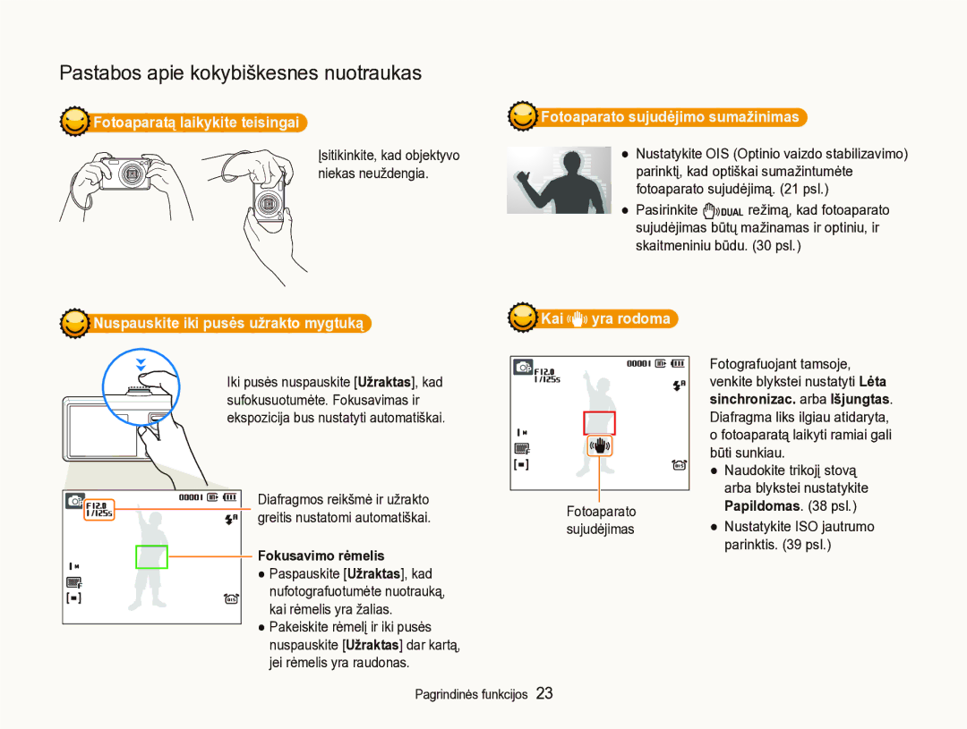 Samsung EC-IT100BBP/RU manual Fotoaparatą laikykite teisingai, Fotoaparato sujudėjimo sumažinimas, Fokusavimo rėmelis 