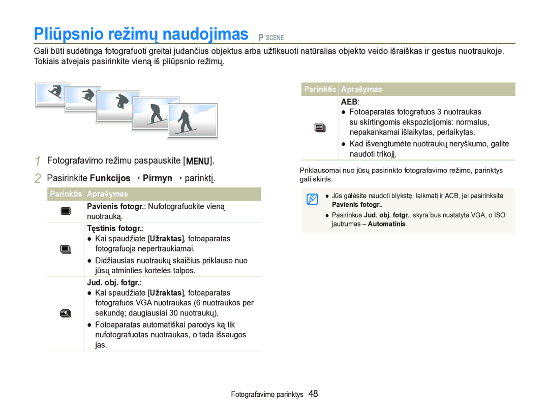 Samsung EC-IT100SBP/RU Pliūpsnio režimų naudojimas p s, Pavienis fotogr. Nufotografuokite vieną nuotrauką, Tęstinis fotogr 