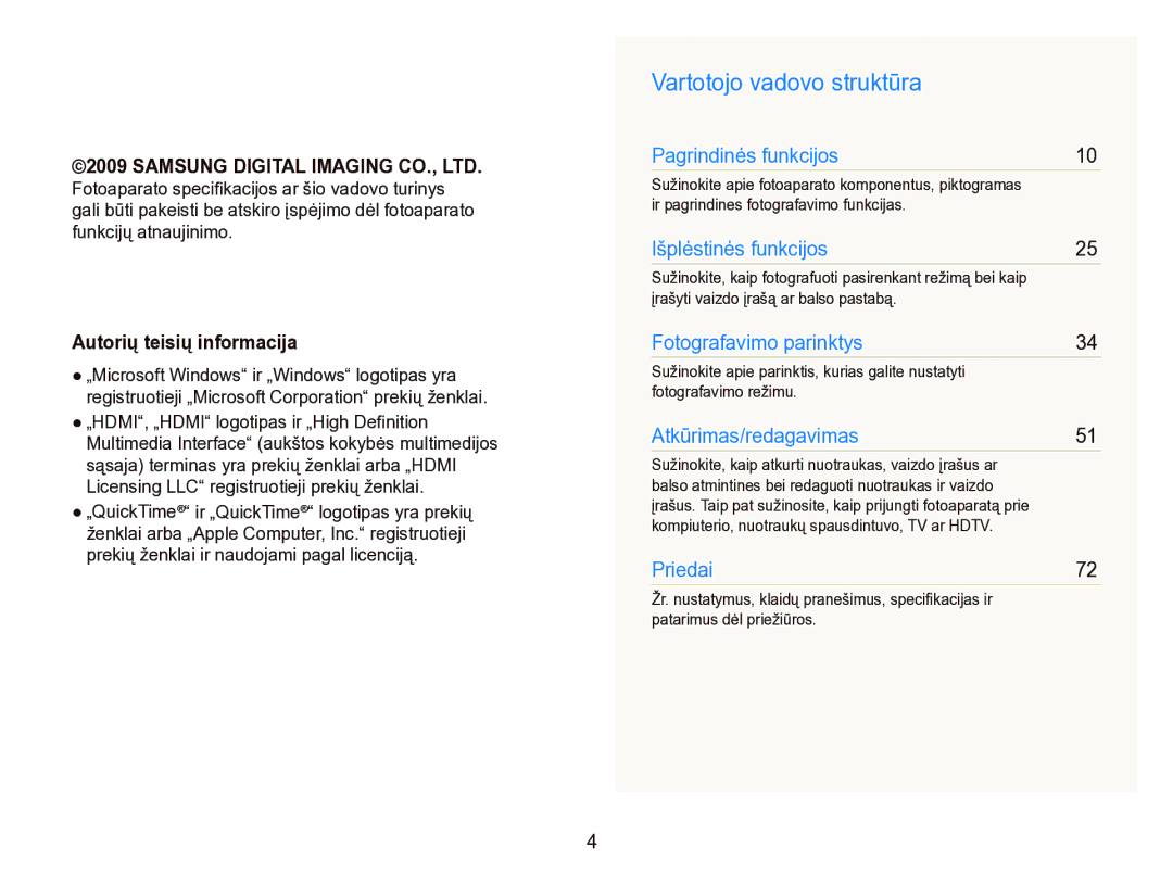 Samsung EC-IT100SBP/RU, EC-IT100BBP/RU manual Vartotojo vadovo struktūra, Autorių teisių informacija 