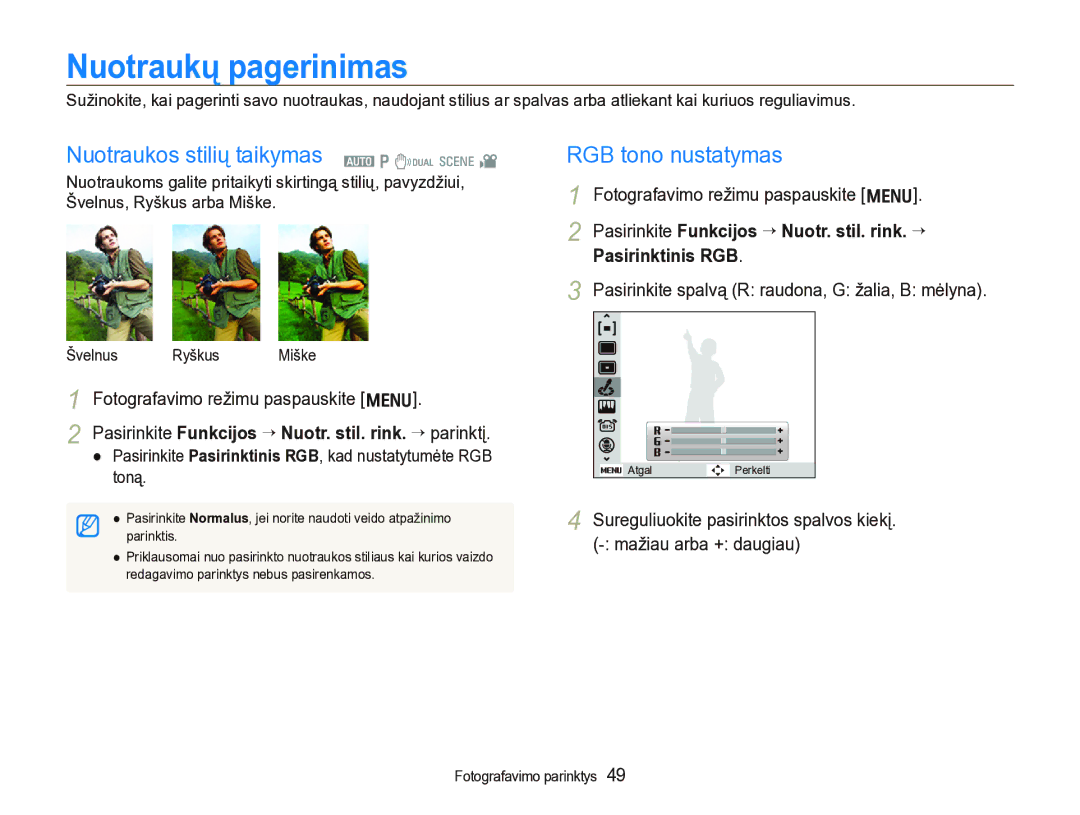 Samsung EC-IT100BBP/RU, EC-IT100SBP/RU manual Nuotraukų pagerinimas, Nuotraukos stilių taikymas a p d s, RGB tono nustatymas 