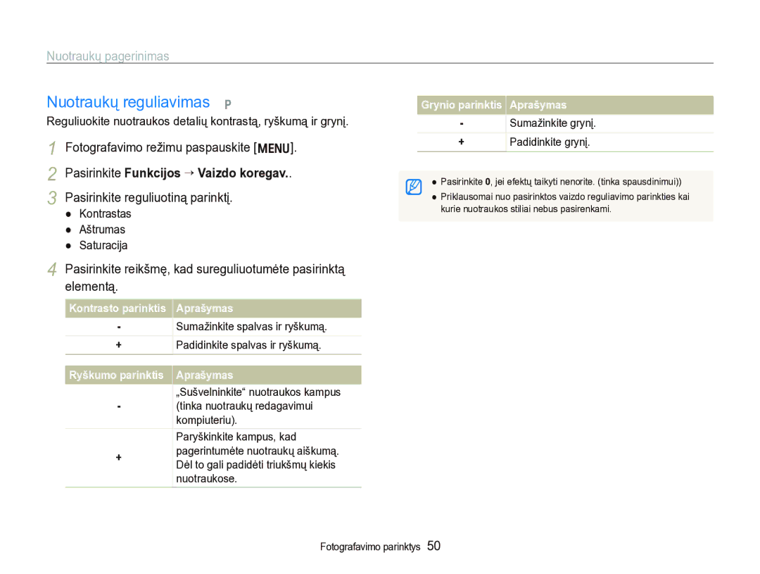 Samsung EC-IT100SBP/RU manual Nuotraukų reguliavimas p, Nuotraukų pagerinimas, Pasirinkite Funkcijos ““Vaizdo koregav 