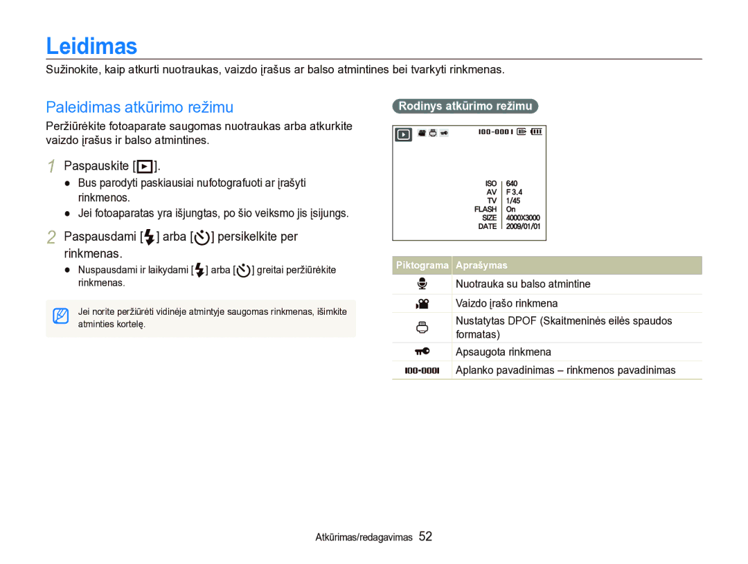 Samsung EC-IT100SBP/RU, EC-IT100BBP/RU manual Leidimas, Paspauskite P, Paspausdami F arba t persikelkite per rinkmenas 