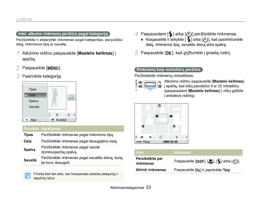 Samsung EC-IT100BBP/RU manual Leidimas, Paspausdami F arba t peržiūrėkite rinkmenas, Rinkmenų kaip miniatiūrų peržiūra 