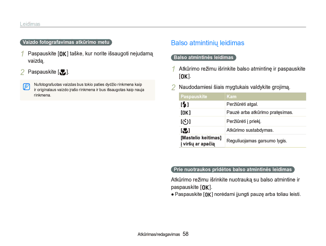 Samsung EC-IT100SBP/RU manual Balso atmintinių leidimas, Vaizdo fotografavimas atkūrimo metu, Balso atmintinės leidimas 