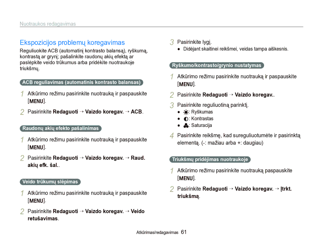 Samsung EC-IT100BBP/RU, EC-IT100SBP/RU Ekspozicijos problemų koregavimas, Pasirinkite Redaguoti “ Vaizdo koregav. “ ACB 