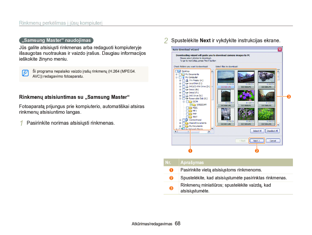 Samsung EC-IT100SBP/RU manual Pasirinkite norimas atsisiųsti rinkmenas, Spustelėkite Next ir vykdykite instrukcijas ekrane 