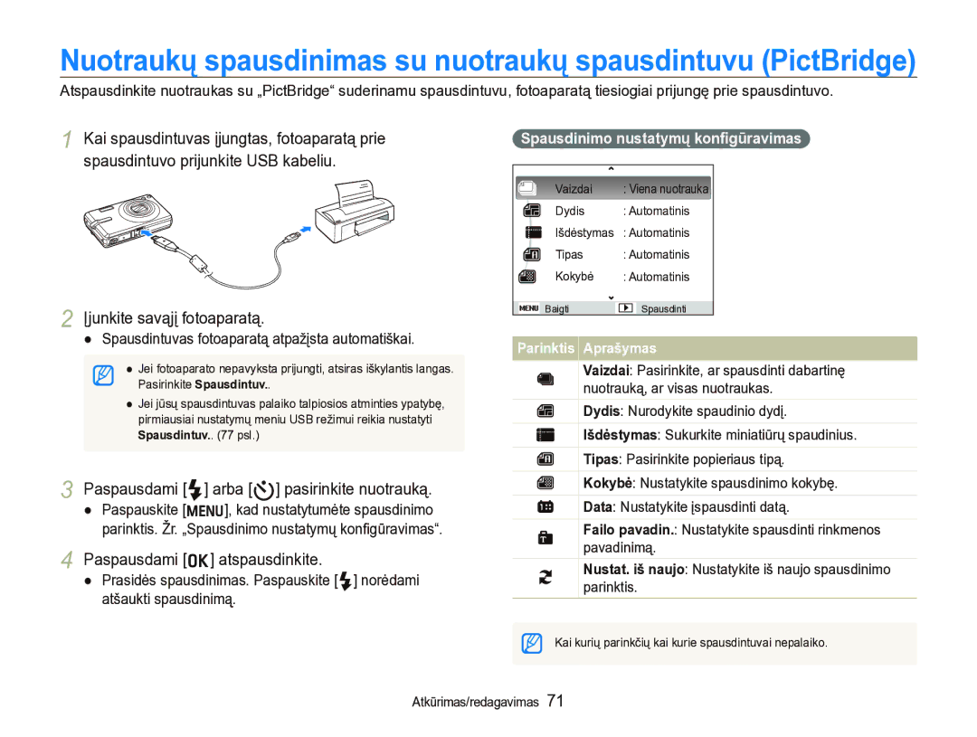 Samsung EC-IT100BBP/RU, EC-IT100SBP/RU manual Paspausdami F arba t pasirinkite nuotrauką, Paspausdami o atspausdinkite 