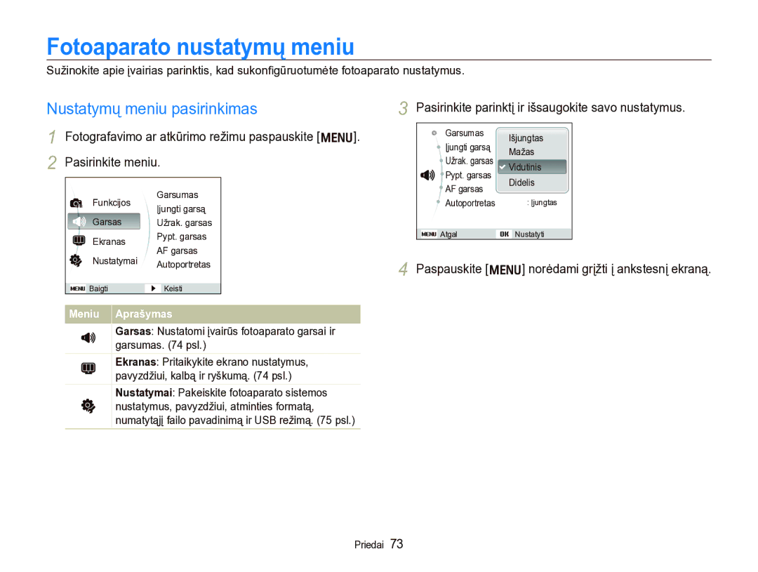 Samsung EC-IT100BBP/RU, EC-IT100SBP/RU manual Fotoaparato nustatymų meniu, Nustatymų meniu pasirinkimas, Meniu Aprašymas 