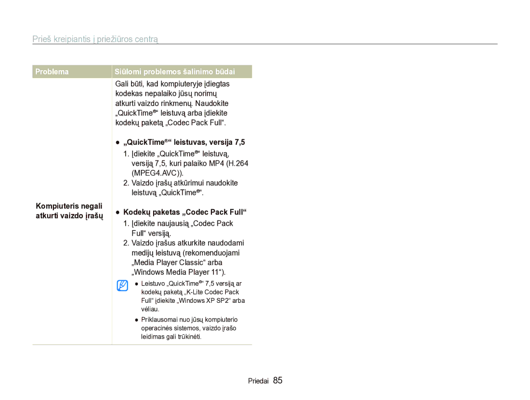 Samsung EC-IT100BBP/RU, EC-IT100SBP/RU manual „QuickTime leistuvas, versija 7,5, Kodekų paketas „Codec Pack Full 