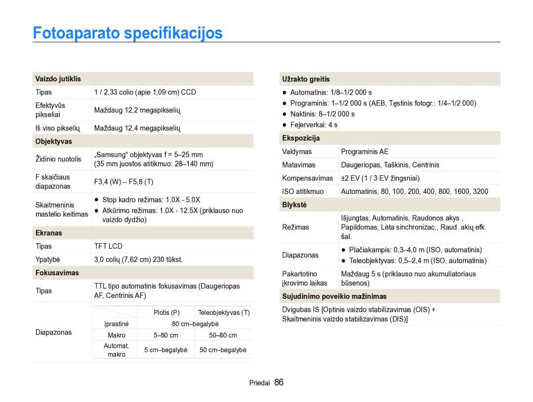 Samsung EC-IT100SBP/RU, EC-IT100BBP/RU manual Fotoaparato speciﬁkacijos 