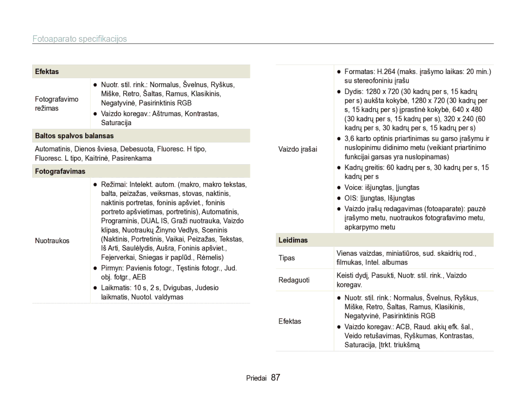 Samsung EC-IT100BBP/RU manual Fotoaparato speciﬁkacijos, Efektas, Baltos spalvos balansas, Fotografavimas, Leidimas 