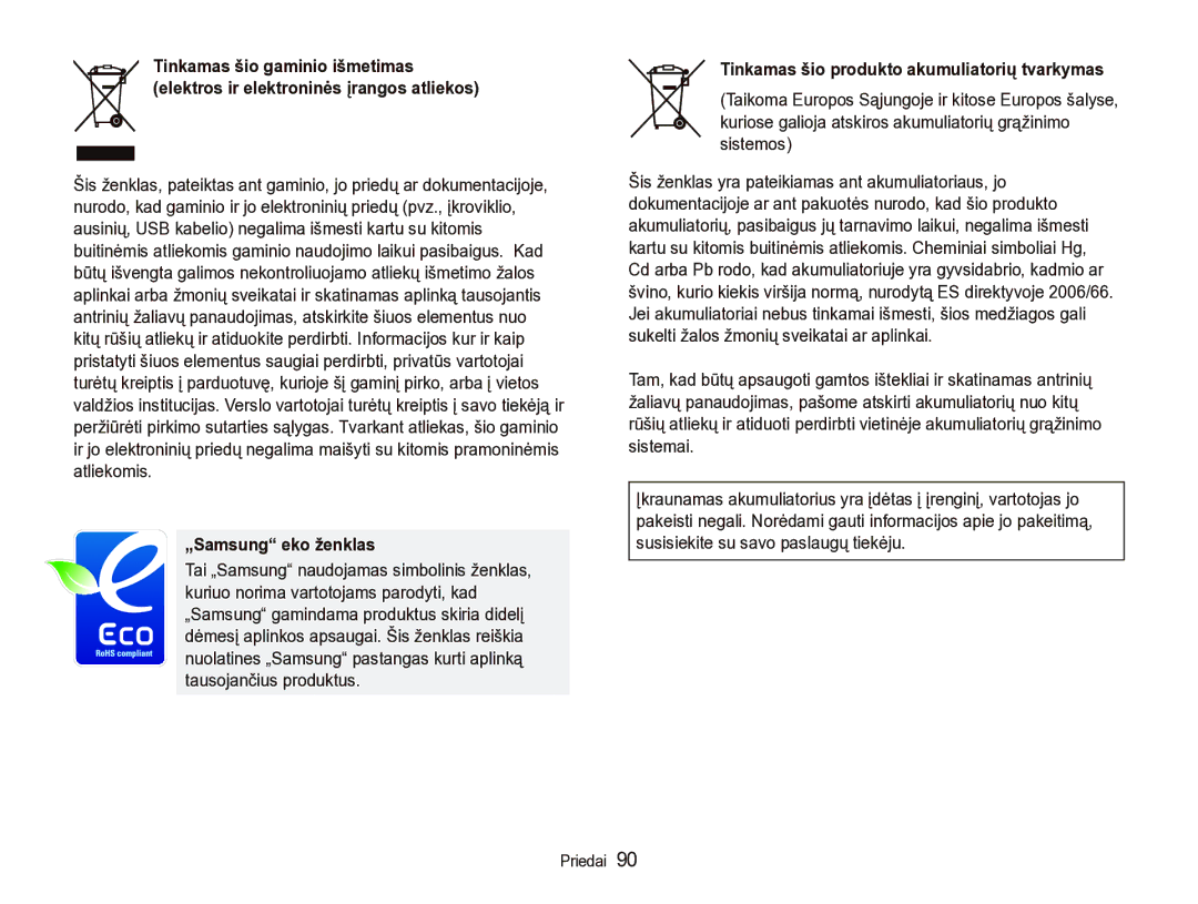 Samsung EC-IT100SBP/RU, EC-IT100BBP/RU manual „Samsung eko ženklas, Tinkamas šio produkto akumuliatorių tvarkymas 