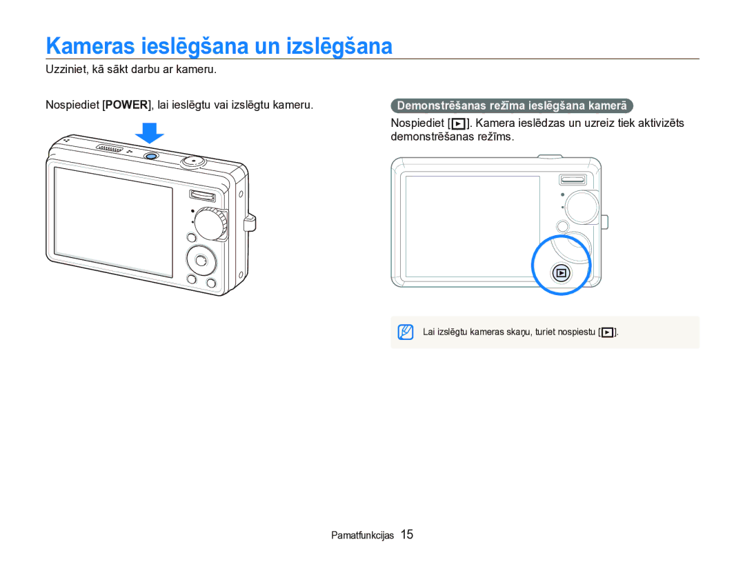 Samsung EC-IT100BBP/RU, EC-IT100SBP/RU manual Kameras ieslēgšana un izslēgšana 