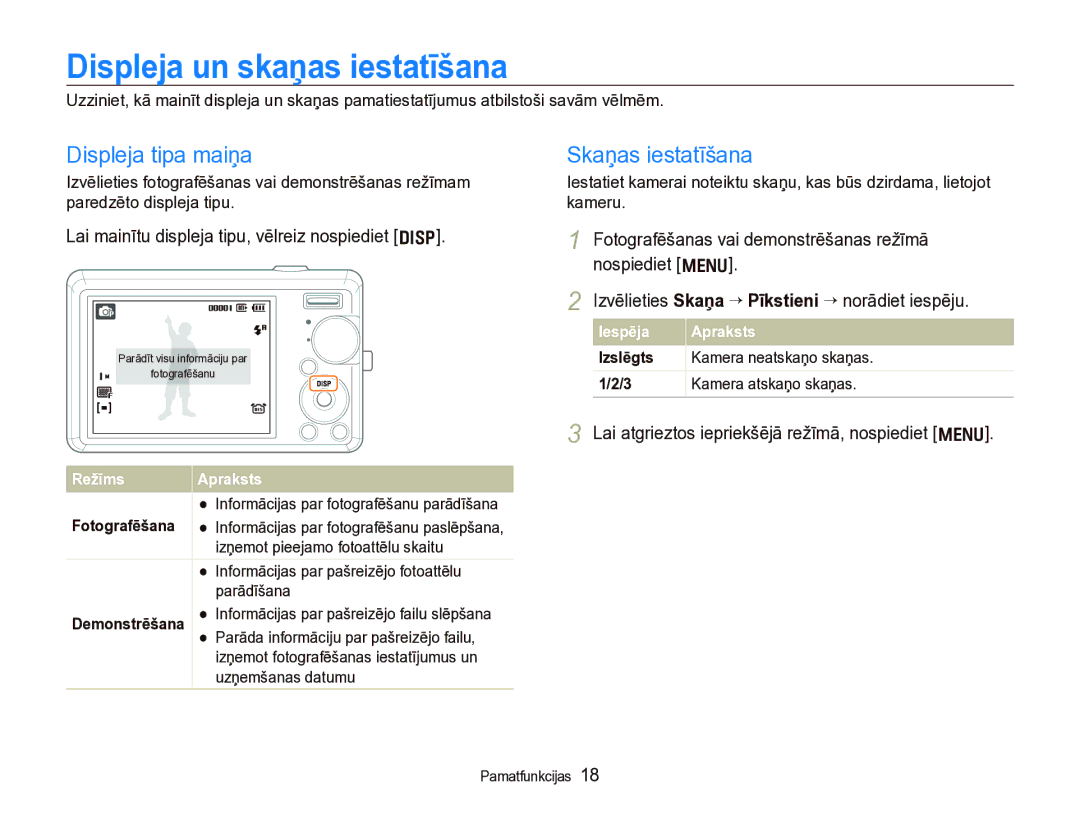 Samsung EC-IT100SBP/RU, EC-IT100BBP/RU manual Displeja un skaņas iestatīšana, Displeja tipa maiņa, Skaņas iestatīšana 